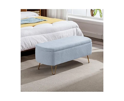 sumyeg Storage Ottoman Bench for End of Bed Gold Legs Modern Grey Faux Fur Entryway Upholstered Padded
