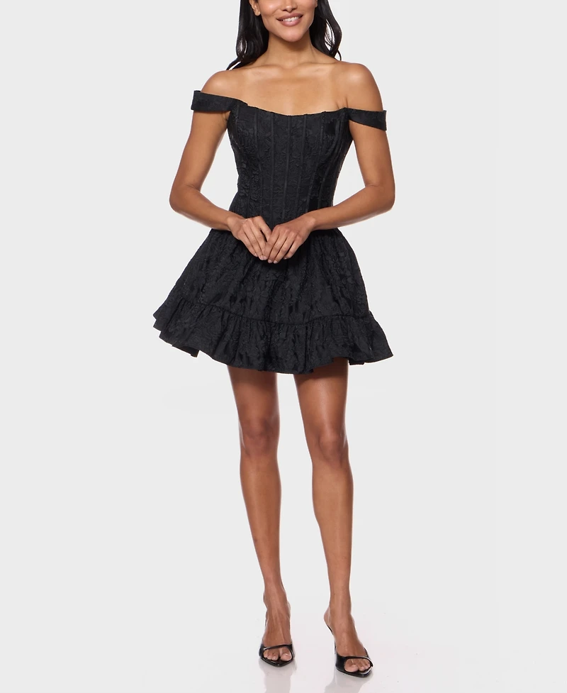 Alex & Sophia Juniors' Off-The-Shoulder Corset Bodice Jacquard Dress