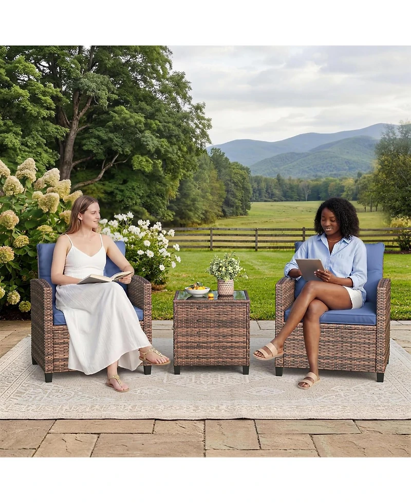 GarveeLife 3-Piece Outdoor Wicker Conversation Set with Cushions and Tempered Glass Table for Patio, Balcony, Porch or Garden