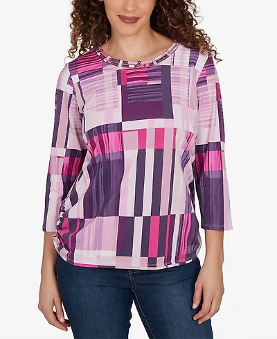 Alfred Dunner Women's Purple Bars Ruched Sides Top