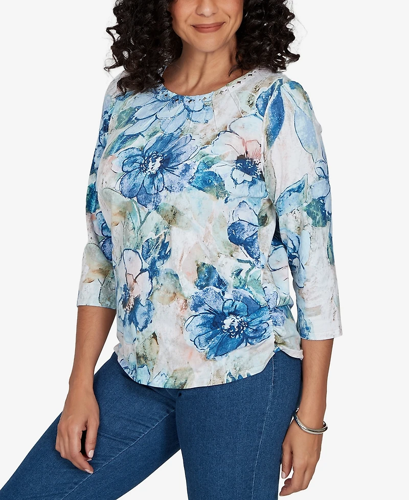 Alfred Dunner Women's Etched Florals Ruched Sides CrewneckTop