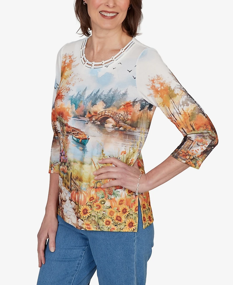 Alfred Dunner Women's Autumn Lake Scenic Print Top