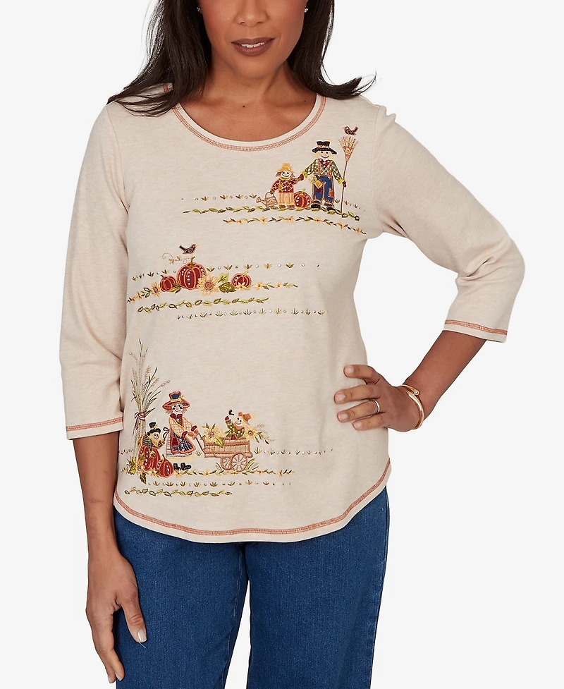 Alfred Dunner Women's Scarecrow Family Embroidered Top