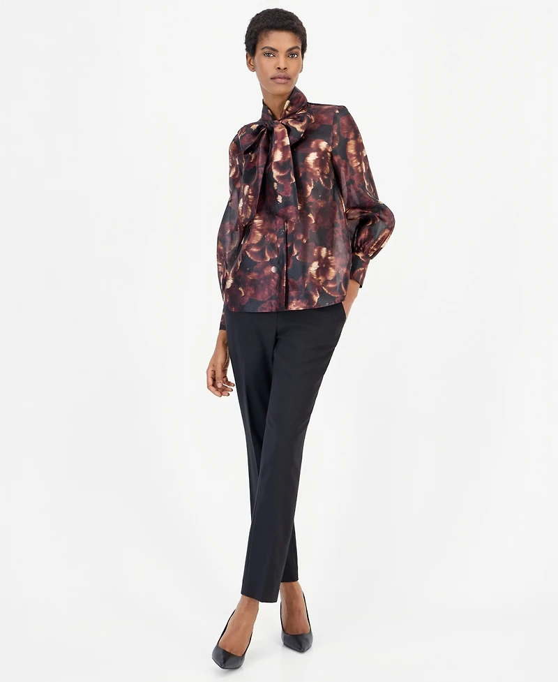 Anne Klein Women's Bow Neck Long Sleeve Floral Blouse