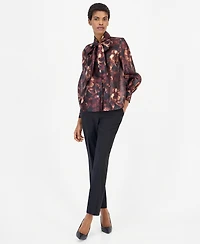 Anne Klein Women's Bow Neck Long Sleeve Floral Blouse