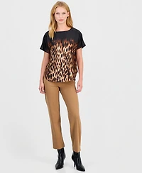 Anne Klein Petite Leopard-Print Bateau Neck Short-Sleeve Blouse