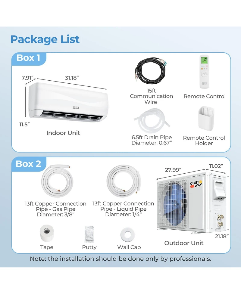 Costway 9100 Btu Mini Split Air Conditioner and Heater with Heat Pump and Full Installation Kit