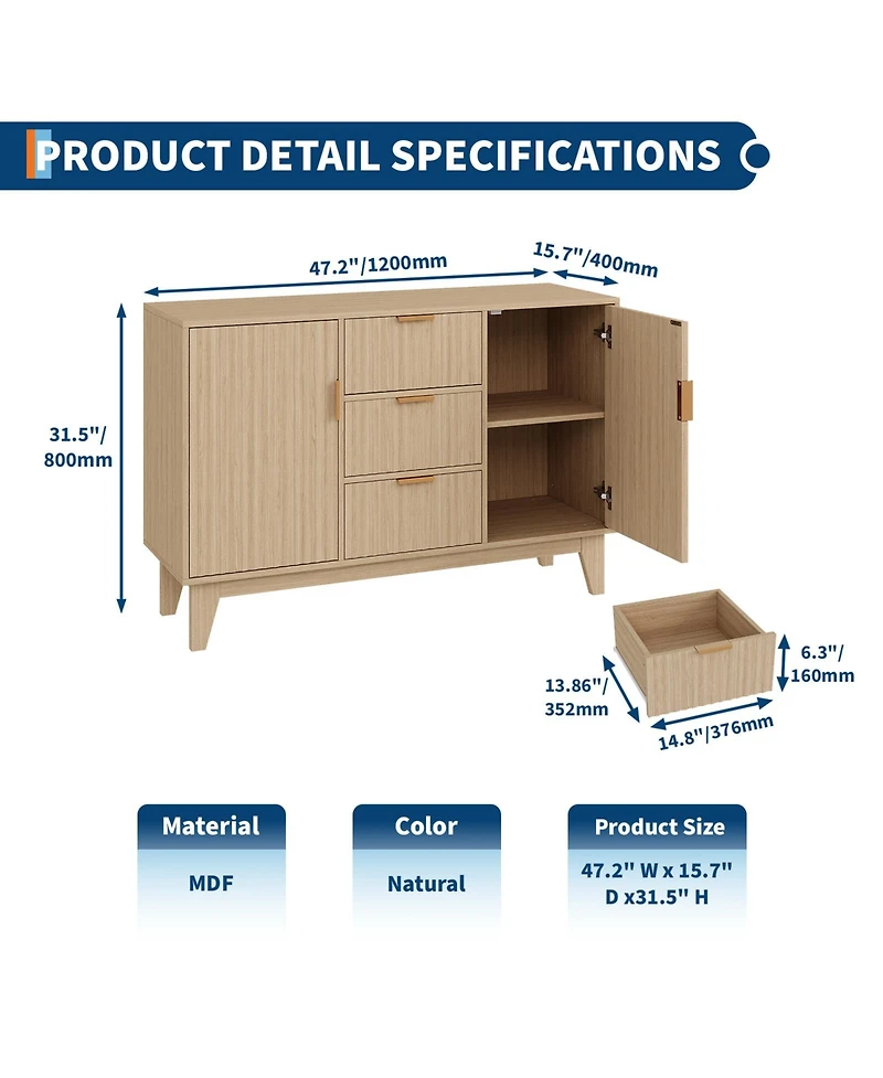 homfan Modern Fluted Sideboard Buffet Cabinet, 47 Inch Storage Cupboard with 3 Drawers, Adjustable Shelves, and Doors for Dining Room, Kitchen