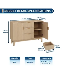 homfan Modern Fluted Sideboard Buffet Cabinet, 47 Inch Storage Cupboard with 3 Drawers, Adjustable Shelves, and Doors for Dining Room, Kitchen