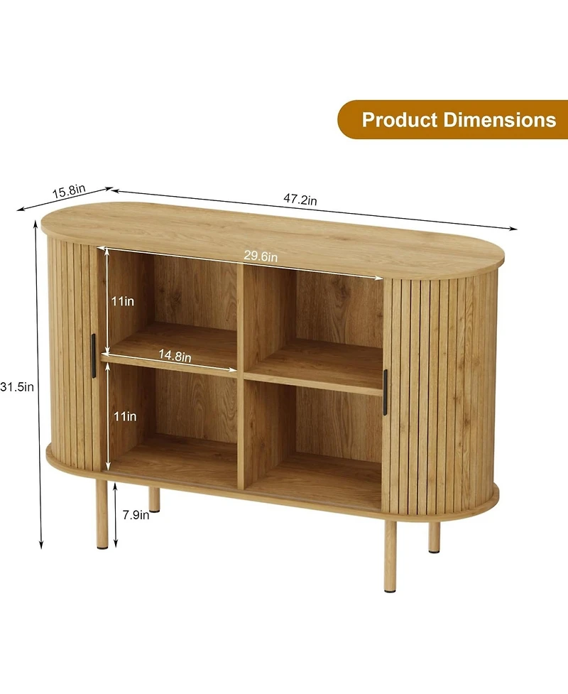 homfan 47 Inch Modern Fluted Wooden Console, Sideboard Buffet with Sliding Doors and Adjustable Shelves for Freestanding Home Storage