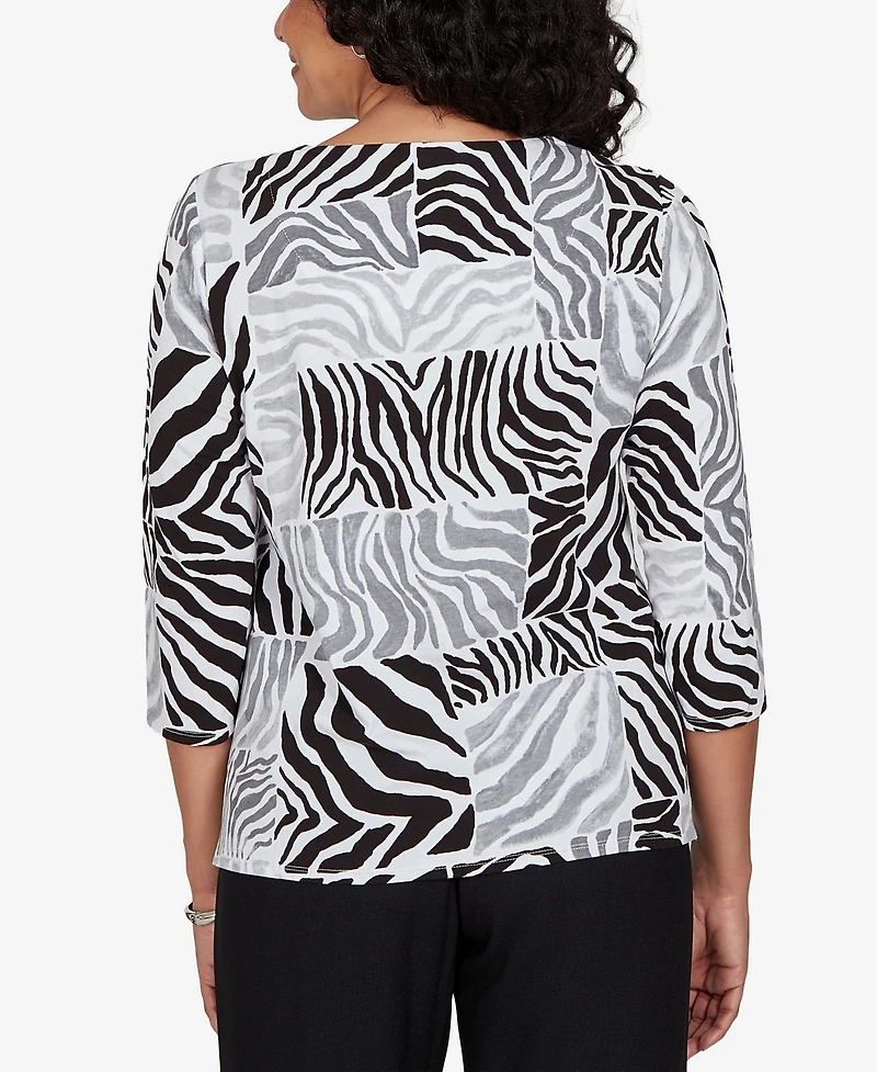 Alfred Dunner Petite Zebra Blocks Knit Top