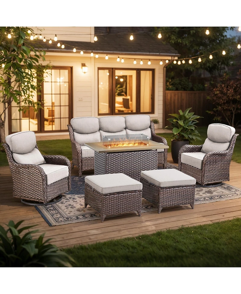 Pocassy Outdoor Patio Furniture Set 6Piece Wicker Conversation with Fire Pit, Swivel Chairs Sofa and Ottomans 6 Thick Cushion