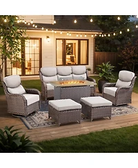 Pocassy Outdoor Patio Furniture Set 6Piece Wicker Conversation with Fire Pit, Swivel Chairs Sofa and Ottomans 6 Thick Cushion