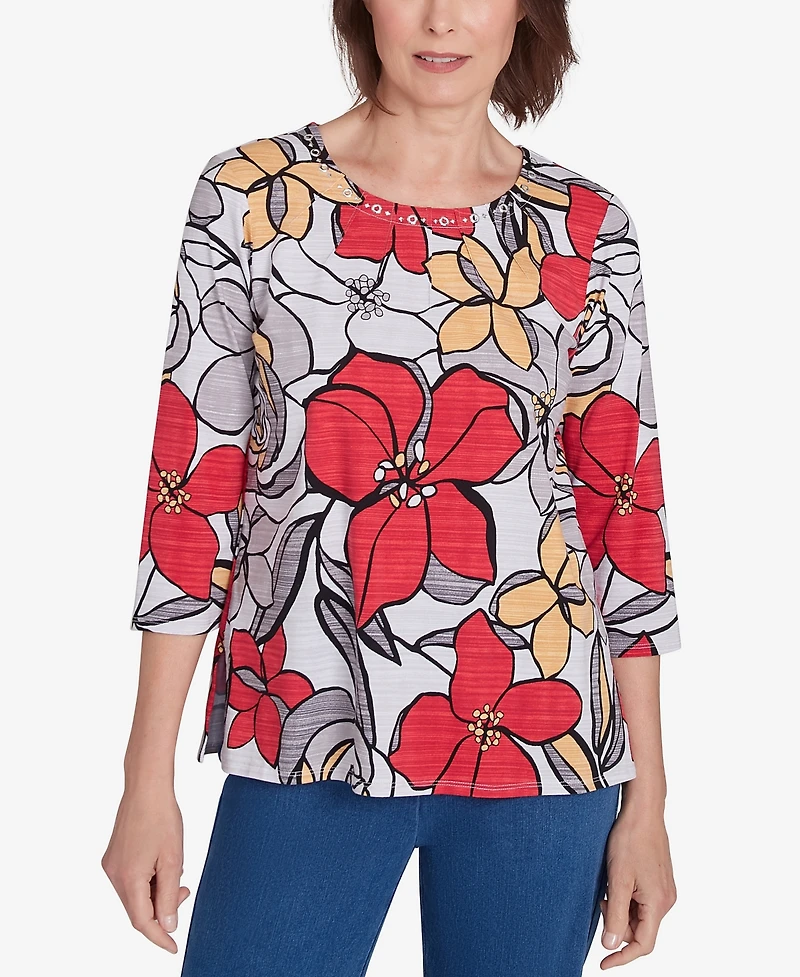Alfred Dunner Petite Key Items Bold Floral Print Three Quarter Sleeve Tee
