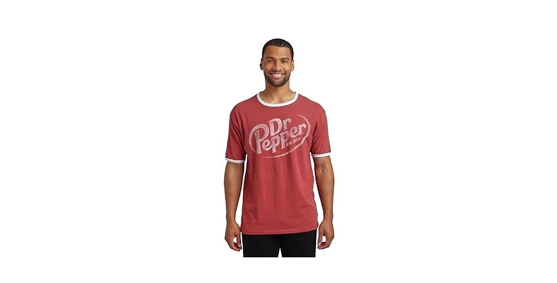 Dr. Pepper Men's Dr Logo Crew Neck Short Sleeve Red Ringer Tee -Large