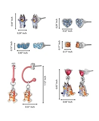 Bluey Earrings Set 6 Pairs Official License, Fashion Studs, Hoops, and Bluey and Bingo Dangle Charm Earrings with Crystals