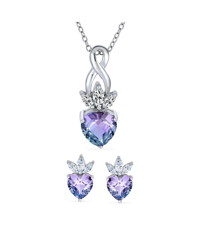 Bling Jewelry Mystic Purple Blue Heart Shaped Cz Infinity Pendant Necklace and Earrings Set .925 Sterling Silver