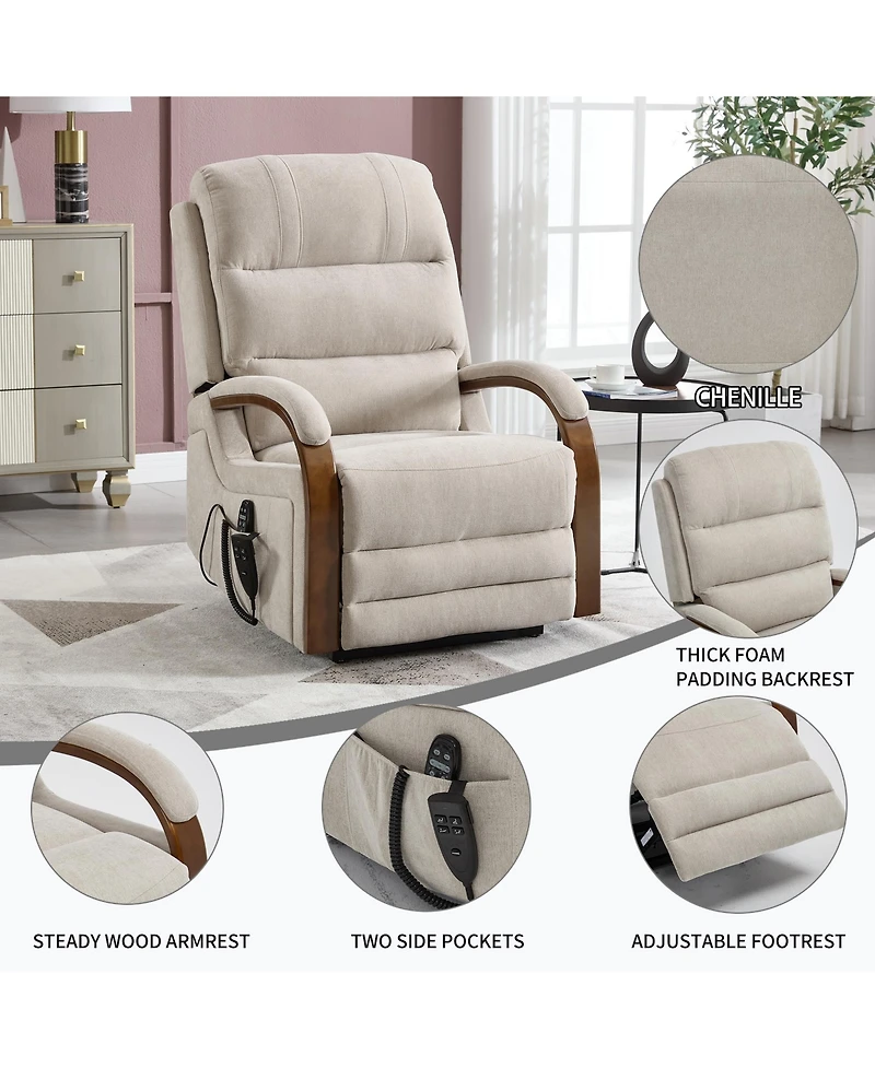 Clihome Power Chenille Lift Recliner Chair Dual Motor Infinite Position Up to 350 Lbs with Solid Wood Armrests
