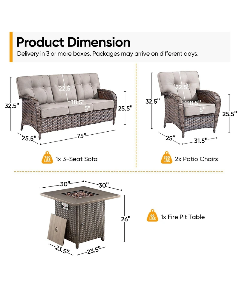 4 Piece Wicker Outdoor Furniture Set with Square Fire Pit Table, Outside Patio Deep Seating Conversation 5-inch Thick Cushion