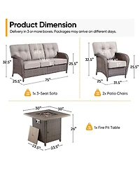 4 Piece Wicker Outdoor Furniture Set with Square Fire Pit Table, Outside Patio Deep Seating Conversation 5-inch Thick Cushion