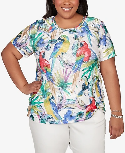 Alfred Dunner Plus Parrot Tropical Beaded Neck T-Shirt