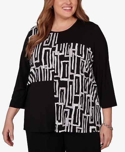 Alfred Dunner Plus Spliced Geometric Puff Print Top