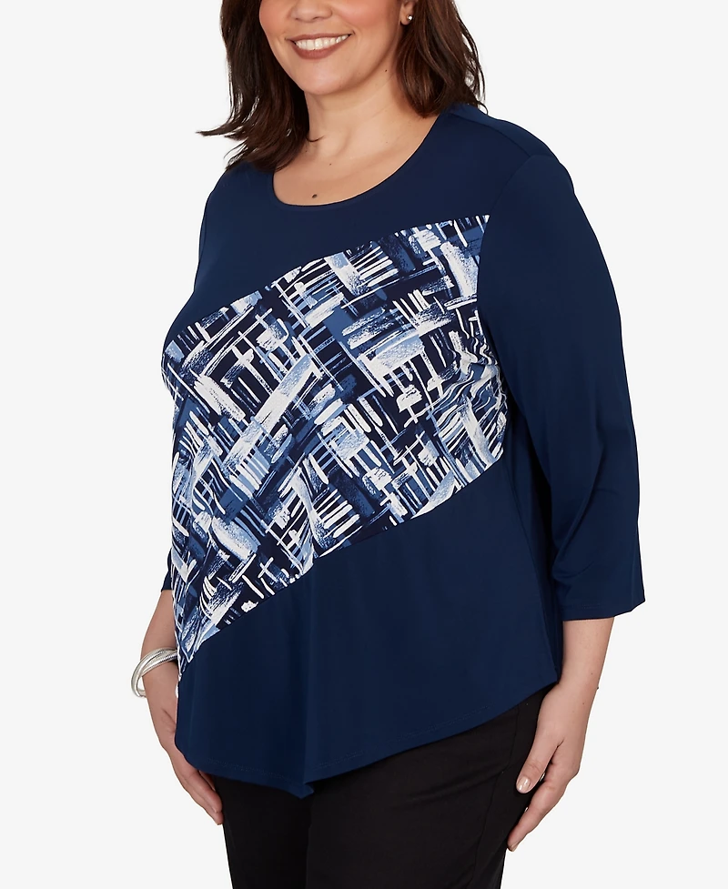 Alfred Dunner Plus Etched Plaid Diagonal Puff Printed Top