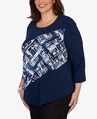 Alfred Dunner Plus Etched Plaid Diagonal Puff Printed Top