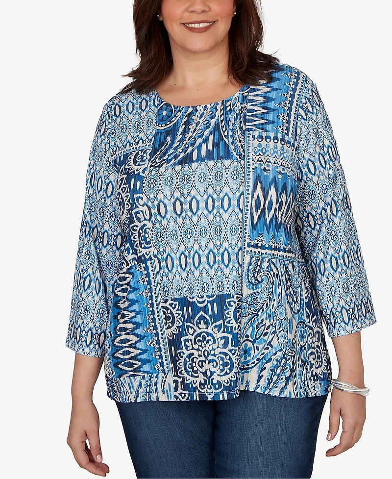 Alfred Dunner Plus Medallion Navy Patchwork Knit Top