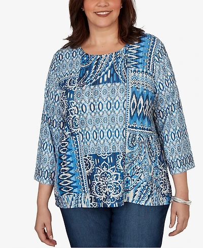 Alfred Dunner Plus Medallion Navy Patchwork Knit Top