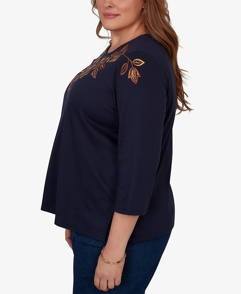 Alfred Dunner Plus Autumn Embroidered Navy Knit Top