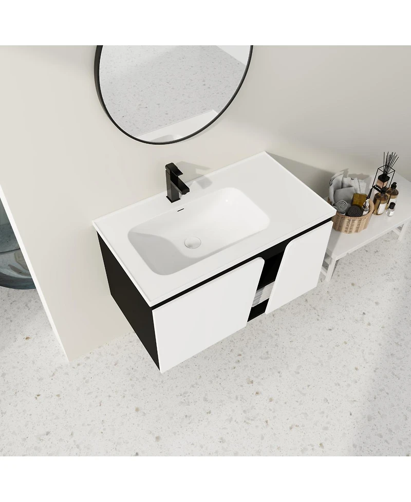 Sillysis Wall Mounted Bathroom Vanity with Ceramic Sink, Soft Close Doors, Plywood Cabinet, Ample Storage for Modern Bathrooms