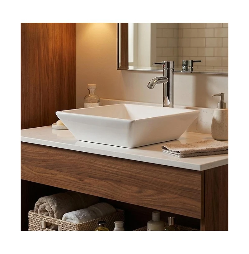Busdays 16x16 Inch Square Ceramic Vessel Sink for Bathroom Vanity Beveled Porcelain with Faucet and Pop Up Drain