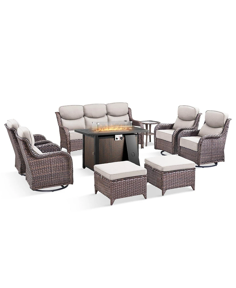 Pocassy 9 Pieces Patio Furniture Set, Outdoor Wicker Sofa Couch with Rocking Swivel Chairs Fire Pit Table, Modern Deep Seat Rattan Conversation Sets