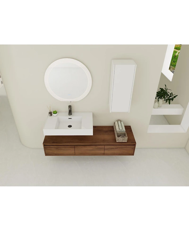 Sillysis 59 Inch Wall Mounted Bathroom Vanity Set with Resin Sink, Soft Close Drawers, Side Cabinet, Modern Floating Storage Solution