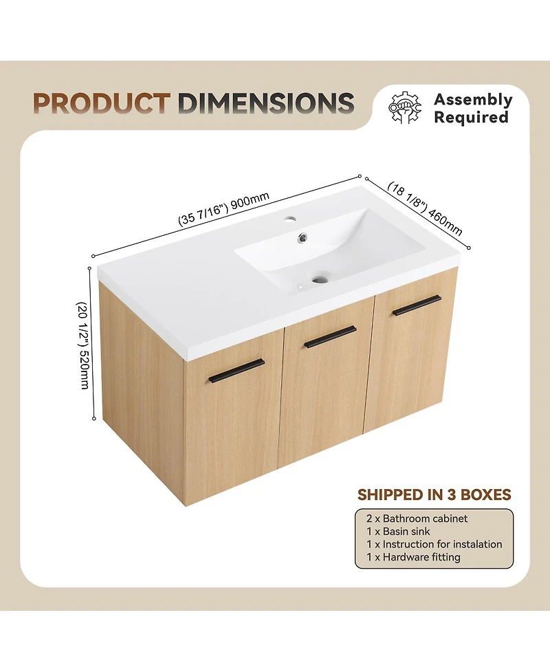 Sillysis 36 Inch Wall Mounted Bathroom Vanity with Resin Sink Top, Soft Close Doors, Space Saving Design for Modern Bathrooms