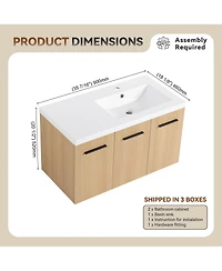 Sillysis 36 Inch Wall Mounted Bathroom Vanity with Resin Sink Top, Soft Close Doors, Space Saving Design for Modern Bathrooms