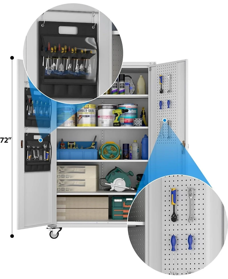 Boyel Living 72" Metal Garage Storage Cabinet with Wheels and Pegboard, Wide Rolling Tool Organizer with Doors