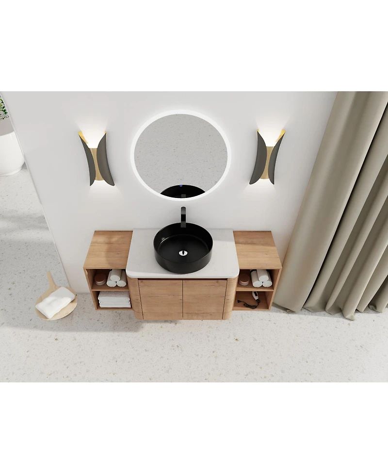 Sillysis 53 Inch Wall Mounted Bathroom Vanity with Ceramic Vessel Sink, Stone Top and Storage Shelves for Modern Bathrooms