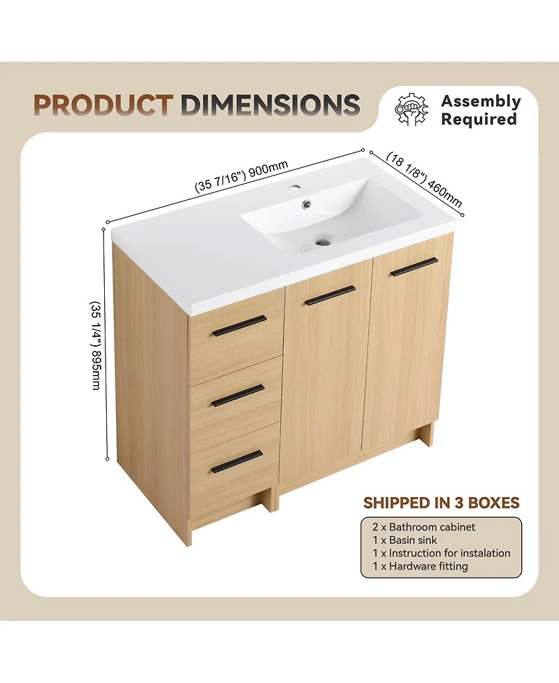 Sillysis 36 Inch Freestanding Bathroom Vanity with 3 Drawer Cabinet, Integrated Resin Sink, Soft-Close Doors and Adjustable Storage