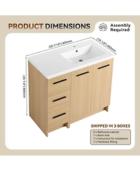 Sillysis 36 Inch Freestanding Bathroom Vanity with 3 Drawer Cabinet, Integrated Resin Sink, Soft-Close Doors and Adjustable Storage