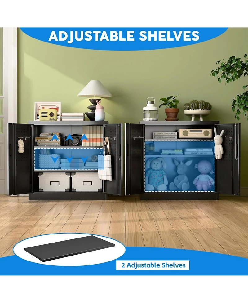 Boyel Living Metal Office Storage Cabinet with Pegboard, Lockable Filing Credenza with Adjustable Shelves for Home and Garage