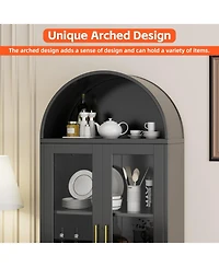 Boyel Living Metal Arched Display Cabinet with Lock, Pantry Storage Hutch with Glass Doors and Drawer