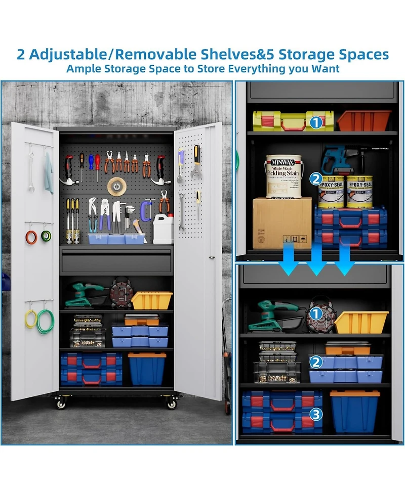 Boyel Living 71" Rolling Metal Tool Storage Cabinet, Lockable Utility Organizer with Pegboard and Drawer for Garage
