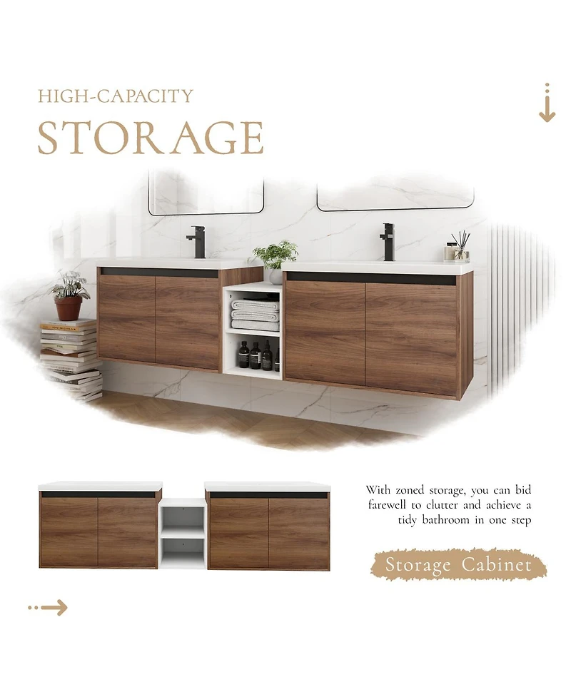 Sillysis Inch Wall Mounted Double Bathroom Vanity with Dual Resin Sinks and Open Storage Shelves for Modern Master Bath