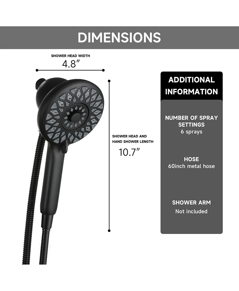 Phying Magnetic Handheld Shower Head 6 Spray Mode High Pressure Shower Head With 60 Inch Stainless Steel Hose For Bathroom Daily Use