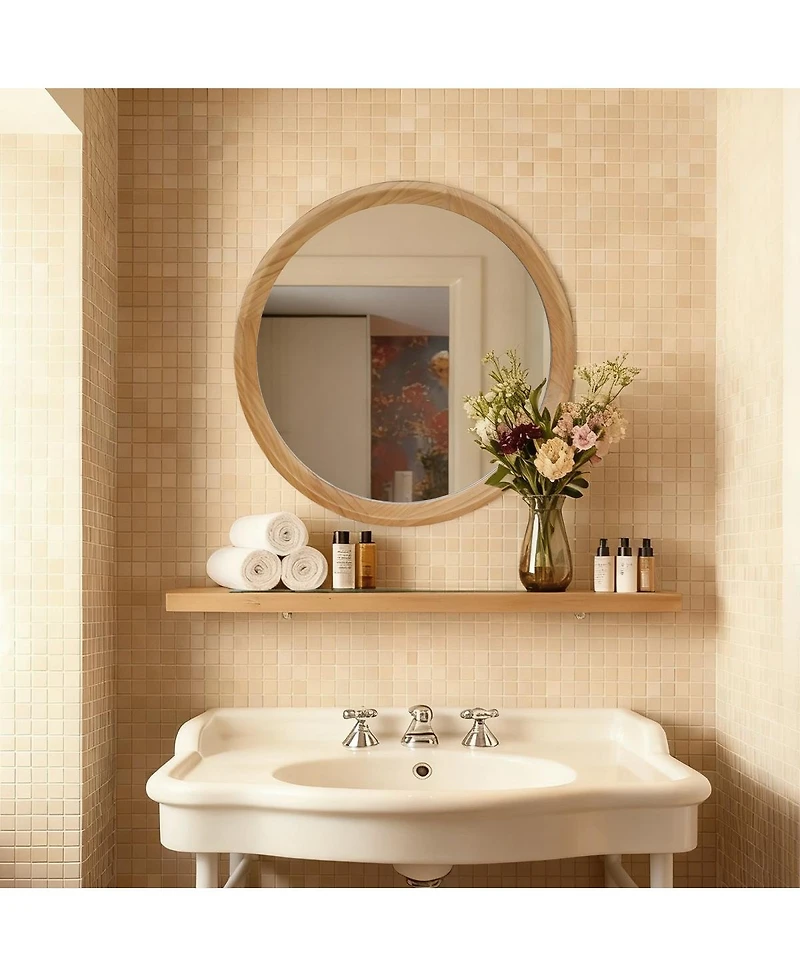 Laoties Round Bathroom Vanity Mirror with Natural Wood Frame for Bedroom, Entryway and Living Room