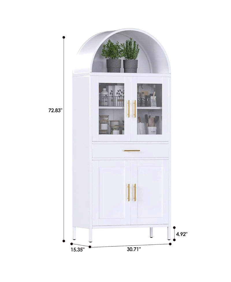 Boyel Living Farmhouse Arched Coffee Bar Cabinet, White Metal Pantry Hutch with Glass Doors and Drawers