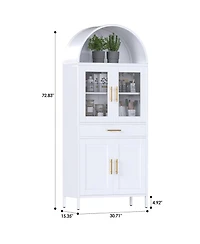 Boyel Living Farmhouse Arched Coffee Bar Cabinet, White Metal Pantry Hutch with Glass Doors and Drawers