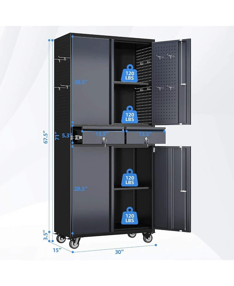 Boyel Living Metal Garage Storage Cabinet with Wheels and Lock, Rolling Tool Organizer with Drawers and Pegboard